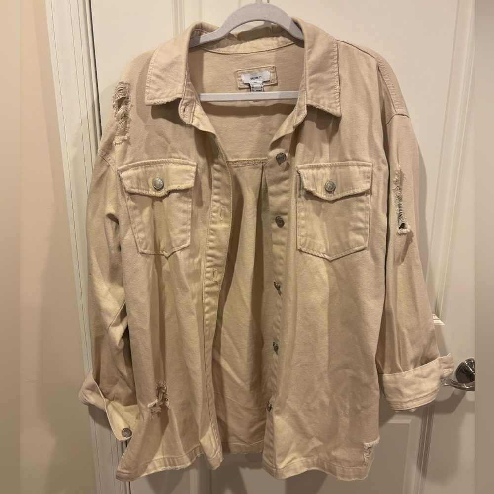 forever21 distressed oversized button up jacket w pockets medium long sleeve tan